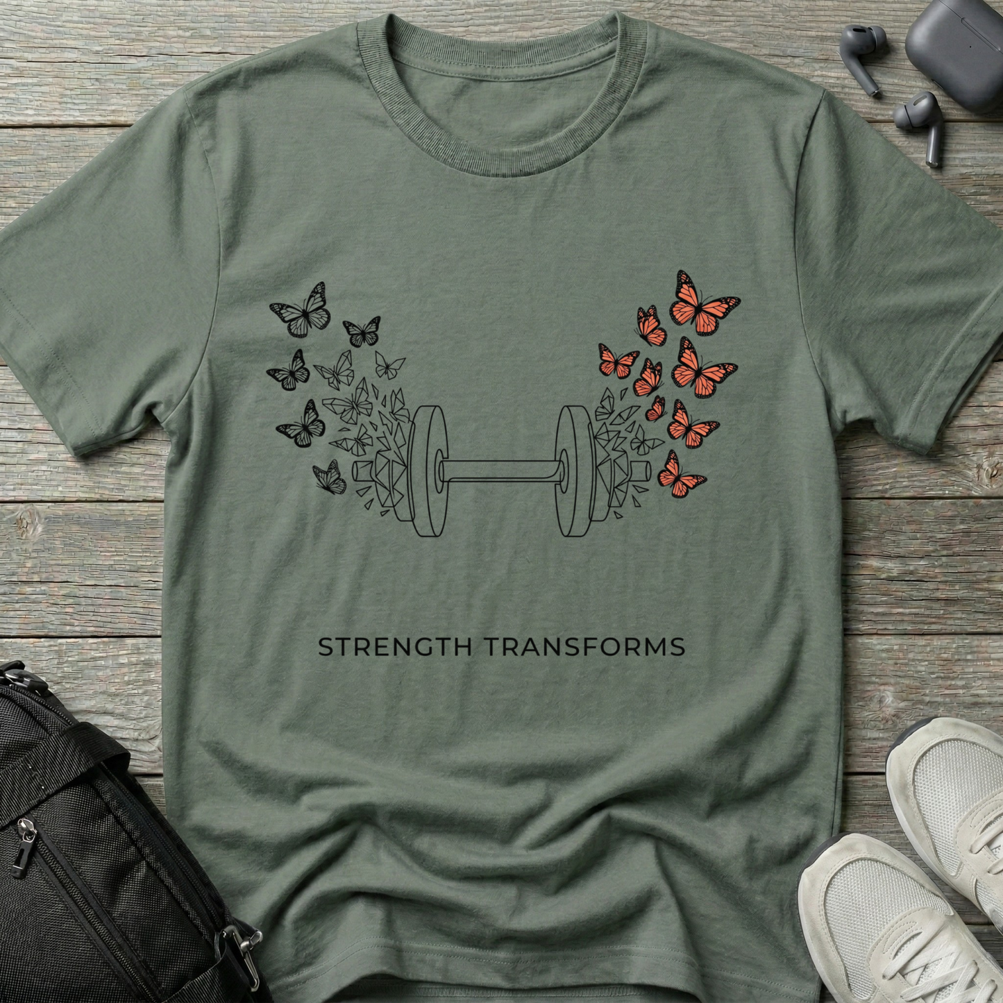 Strength Transforms T-Shirt โ Dumbbell & Butterflies Fitness Tee