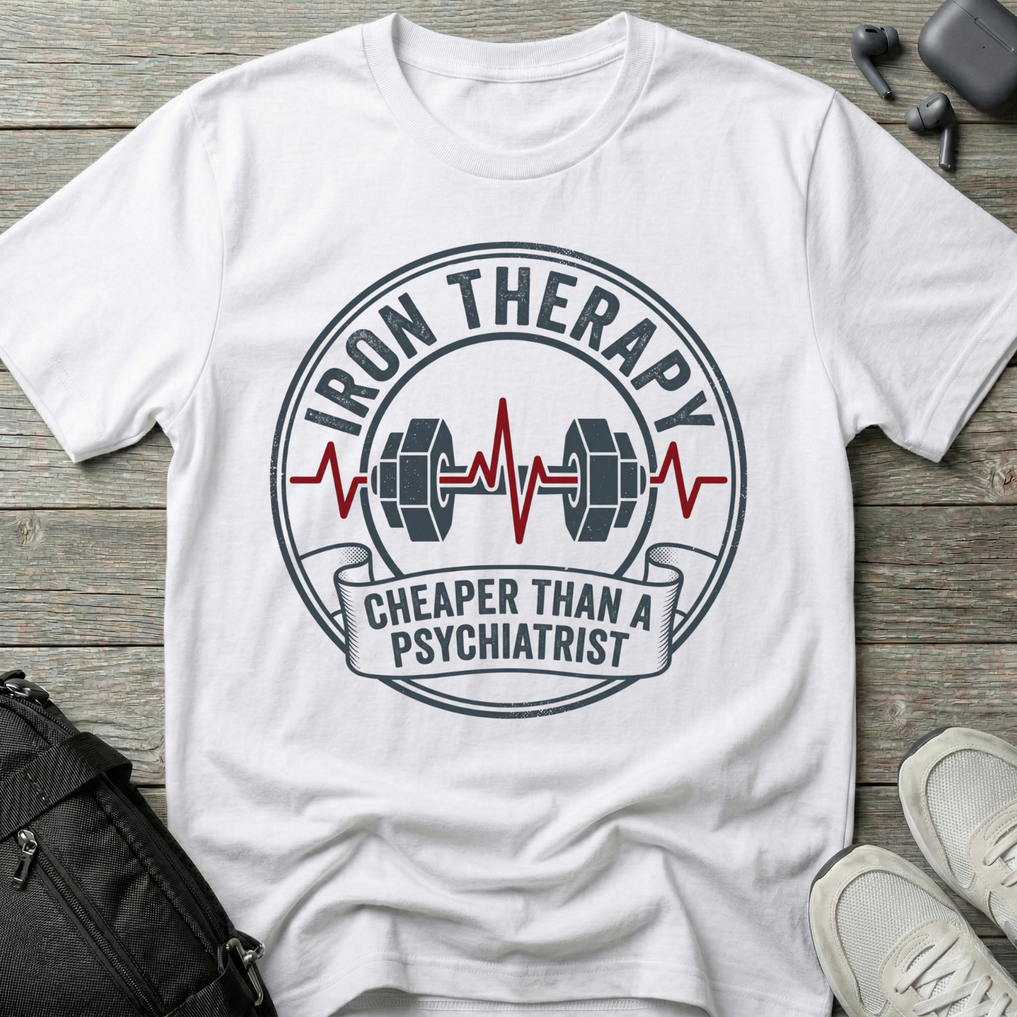 Iron Therapy T-Shirt — “Cheaper Than a Psychiatrist” Gym Tee