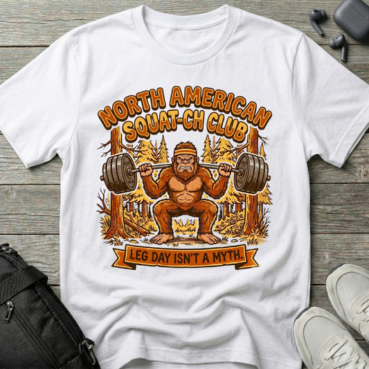 Squatch Club T‑Shirt — 'North American Squatch Club: Leg Day Isn't a Myth' Bigfoot Workout Tee