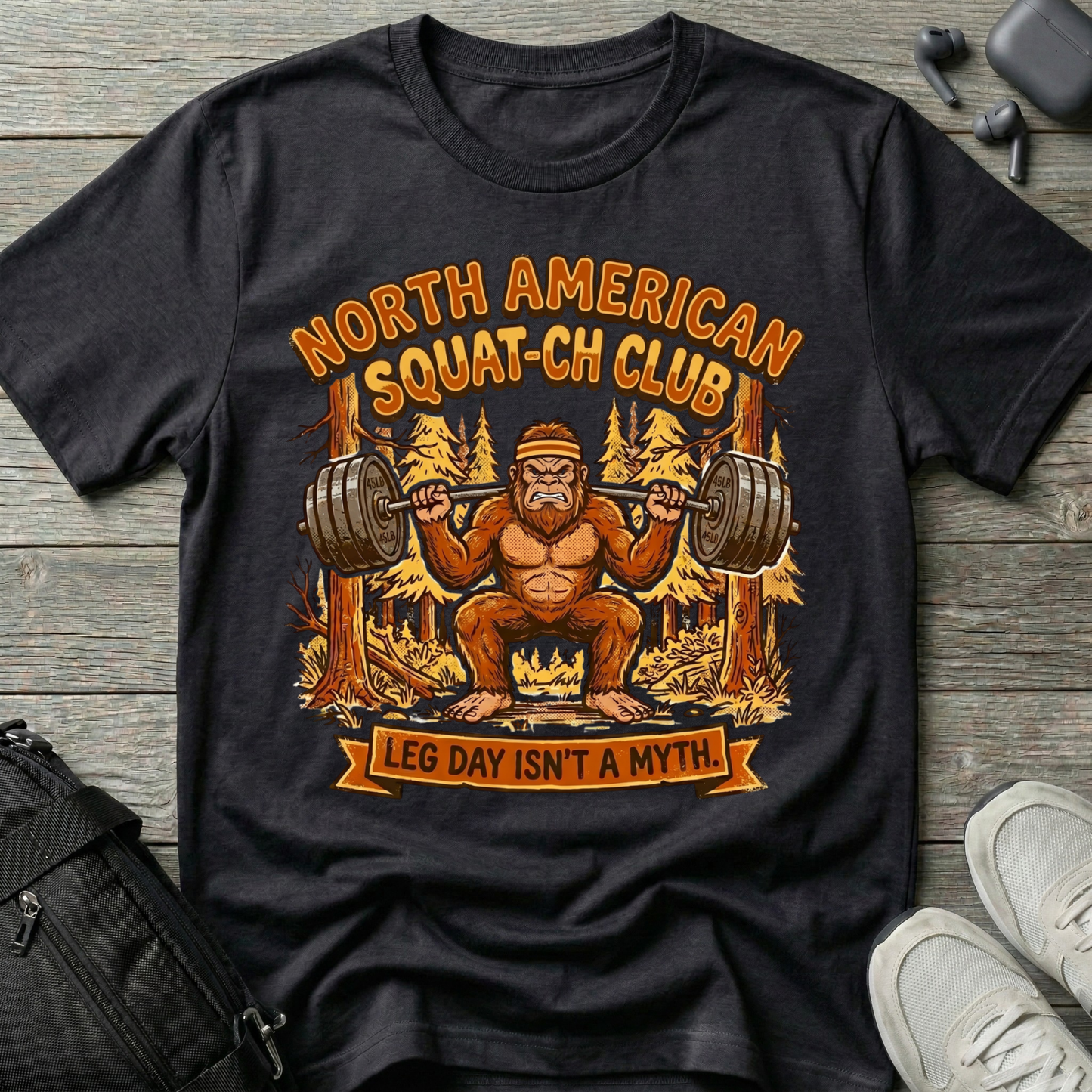Squatch Club T‑Shirt — 'North American Squatch Club: Leg Day Isn't a Myth' Bigfoot Workout Tee