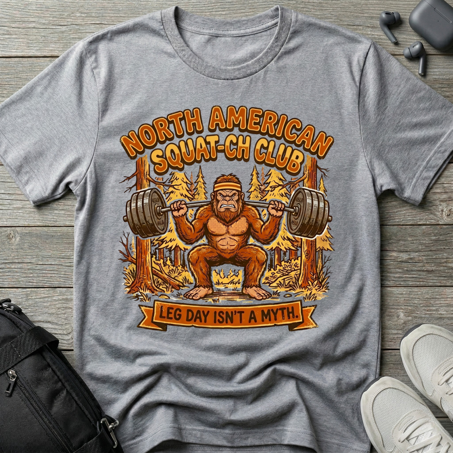 Squatch Club T‑Shirt — 'North American Squatch Club: Leg Day Isn't a Myth' Bigfoot Workout Tee