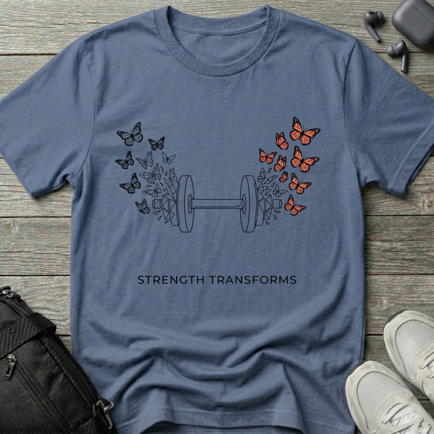 Strength Transforms T-Shirt — Dumbbell & Butterflies Fitness Tee