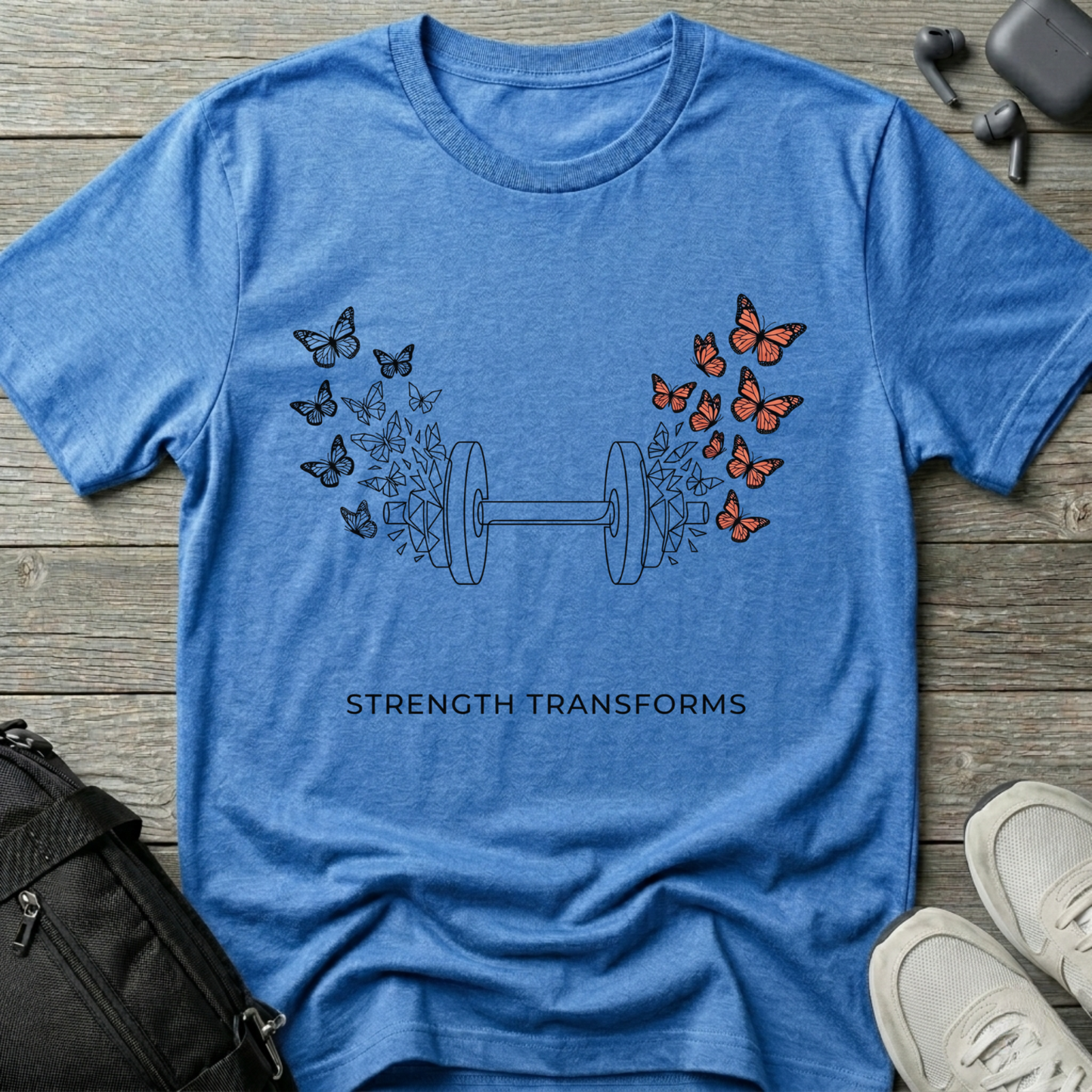 Strength Transforms T-Shirt — Dumbbell & Butterflies Fitness Tee