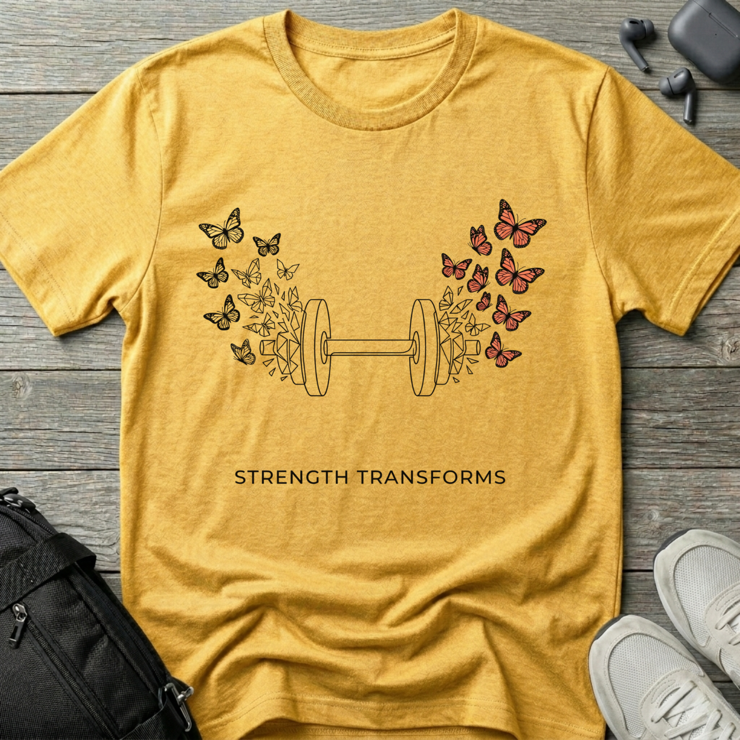 Strength Transforms T-Shirt — Dumbbell & Butterflies Fitness Tee