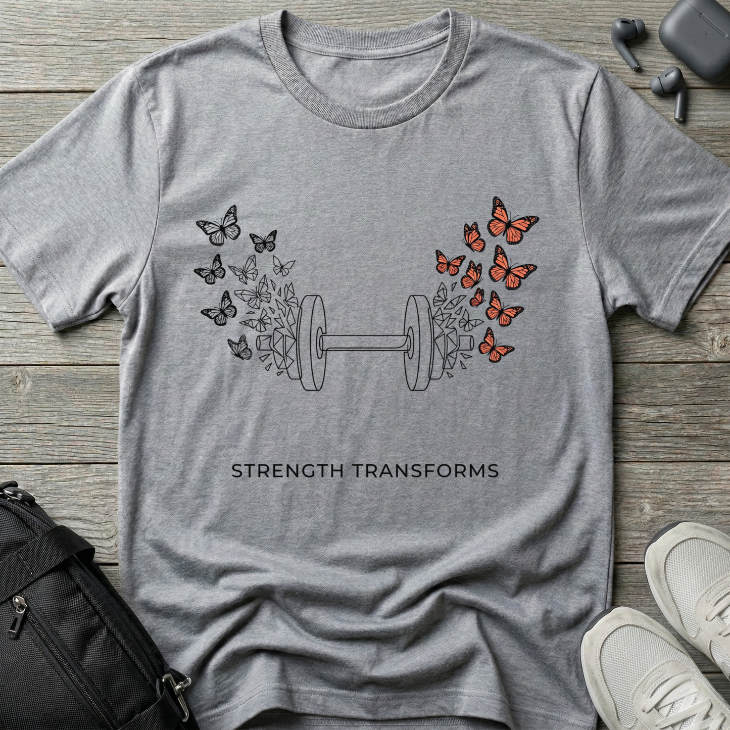 Strength Transforms T-Shirt — Dumbbell & Butterflies Fitness Tee