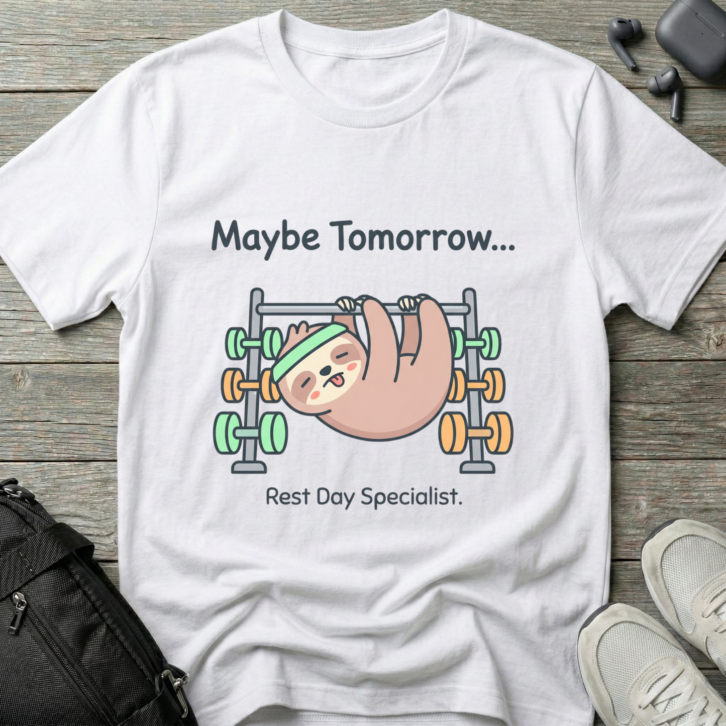Maybe Tomorrow Sloth T-Shirt — "Rest Day Specialist" Cute Lazy Workout Tee