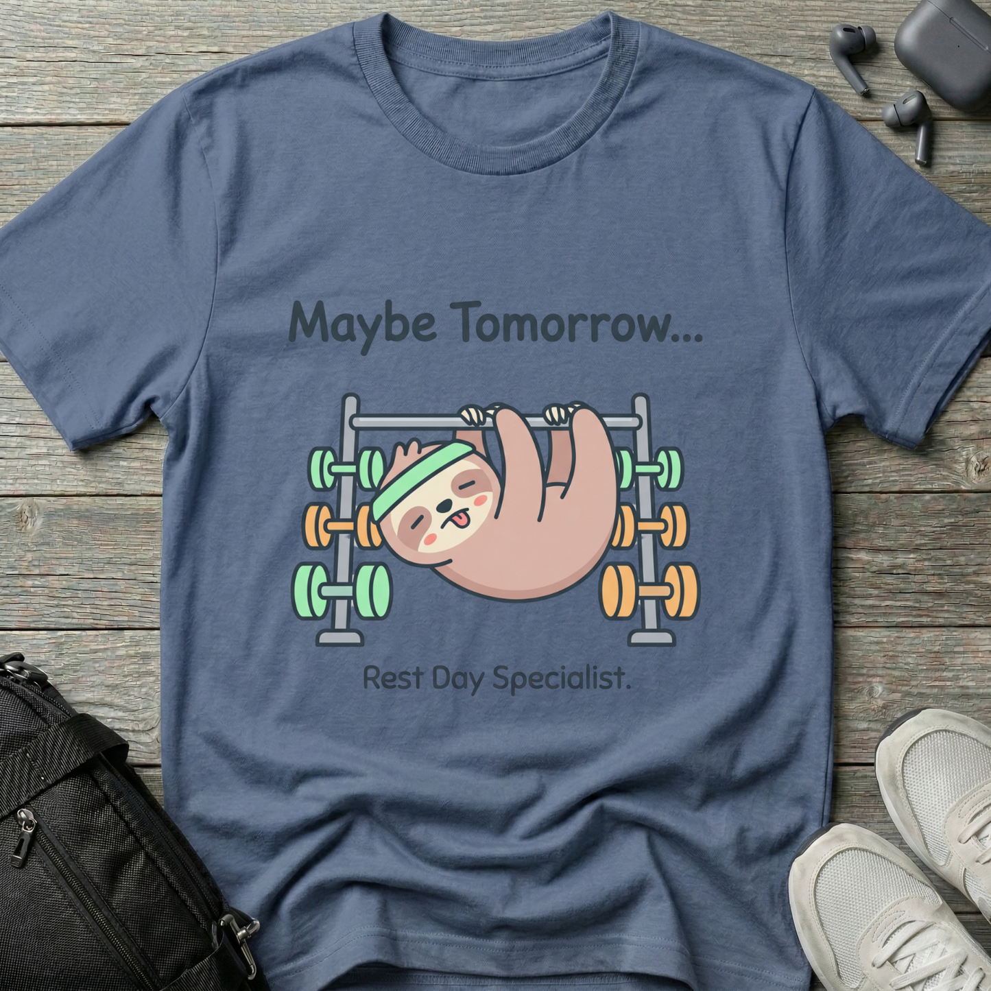 Maybe Tomorrow Sloth T-Shirt — "Rest Day Specialist" Cute Lazy Workout Tee