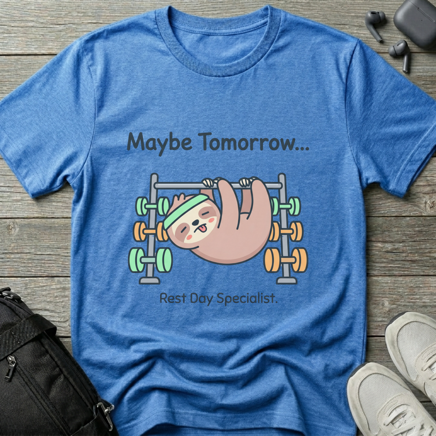 Maybe Tomorrow Sloth T-Shirt — "Rest Day Specialist" Cute Lazy Workout Tee