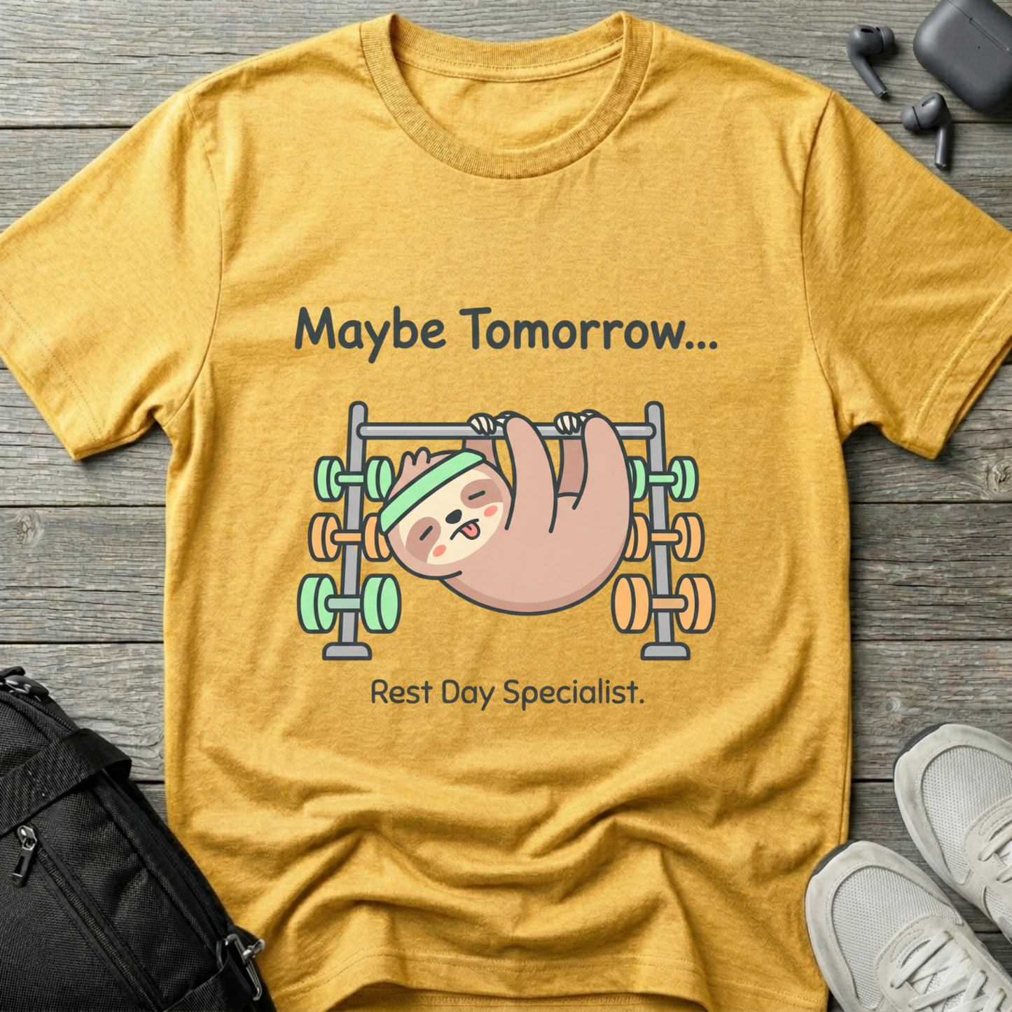 Maybe Tomorrow Sloth T-Shirt — "Rest Day Specialist" Cute Lazy Workout Tee