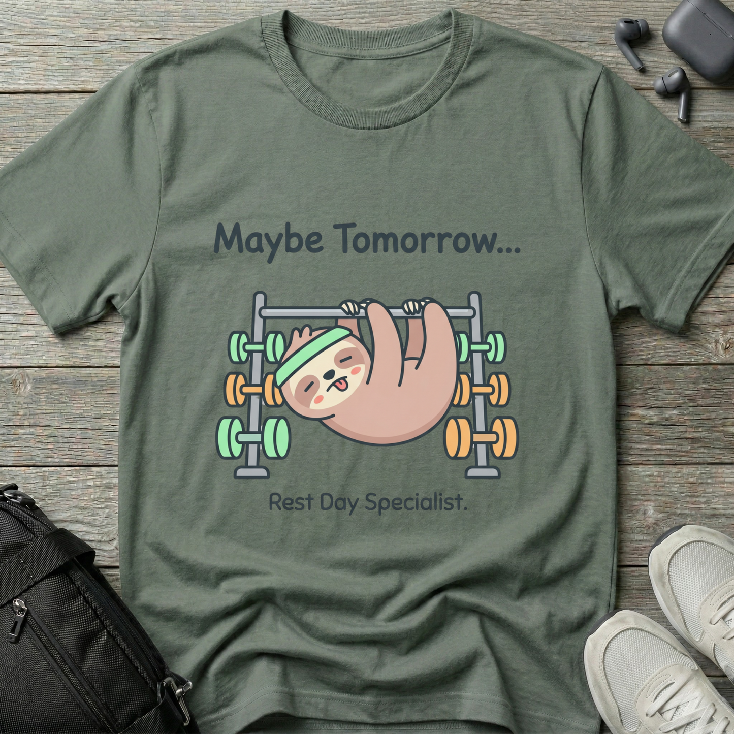 Maybe Tomorrow Sloth T-Shirt — "Rest Day Specialist" Cute Lazy Workout Tee