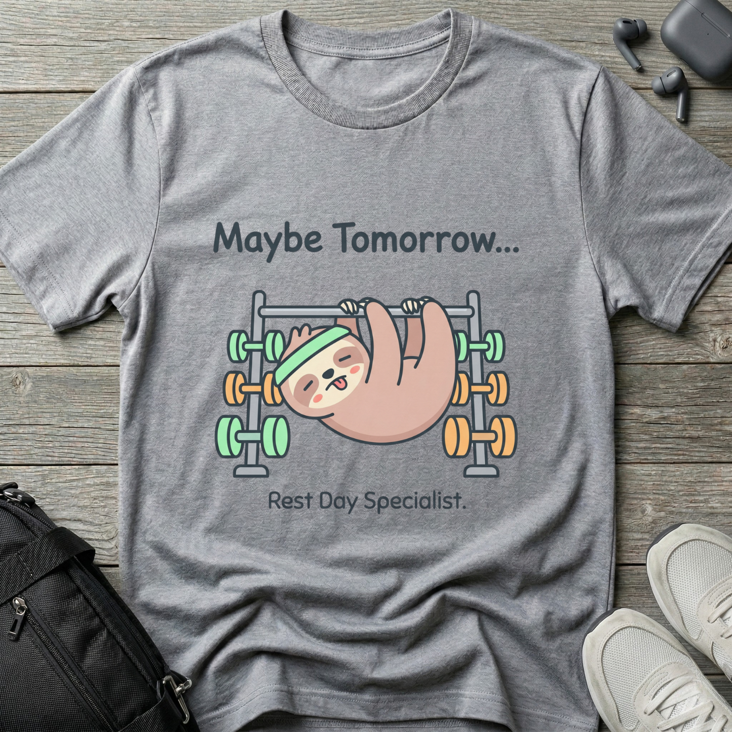 Maybe Tomorrow Sloth T-Shirt — "Rest Day Specialist" Cute Lazy Workout Tee