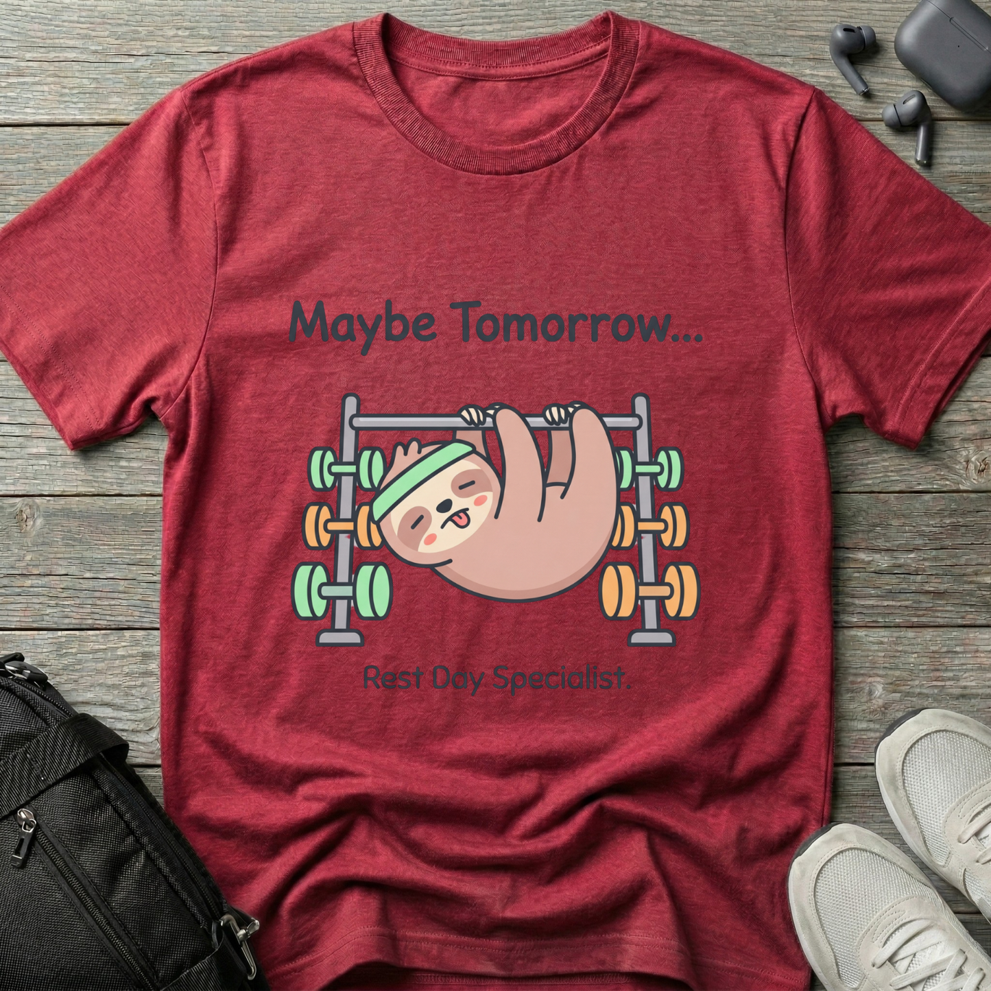Maybe Tomorrow Sloth T-Shirt — "Rest Day Specialist" Cute Lazy Workout Tee