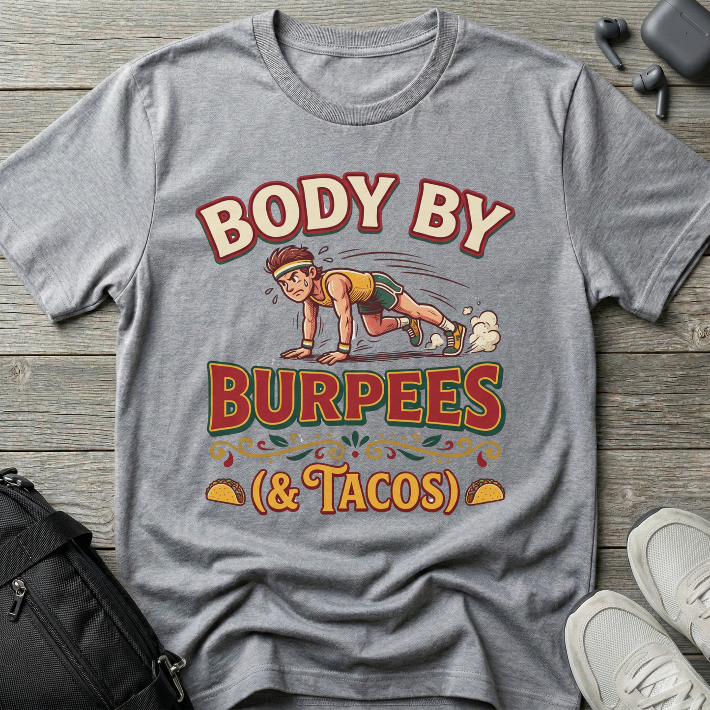 "Body By Burpees (& Tacos)" Funny Fitness T-Shirt
