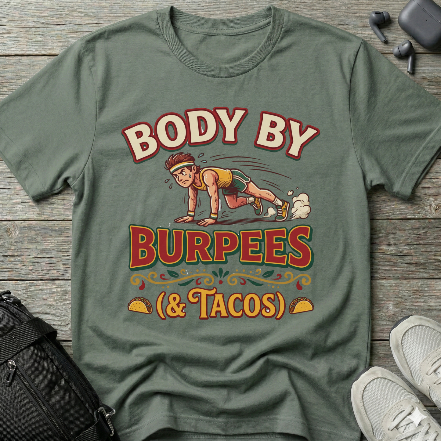 "Body By Burpees (& Tacos)" Funny Fitness T-Shirt