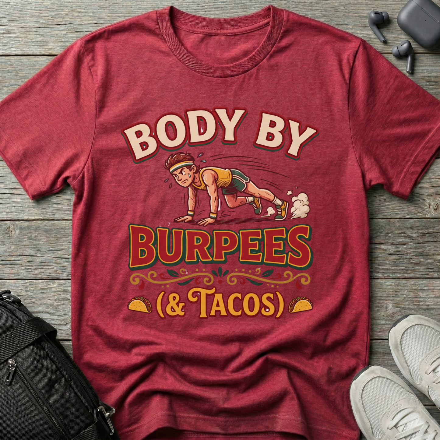 "Body By Burpees (& Tacos)" Funny Fitness T-Shirt