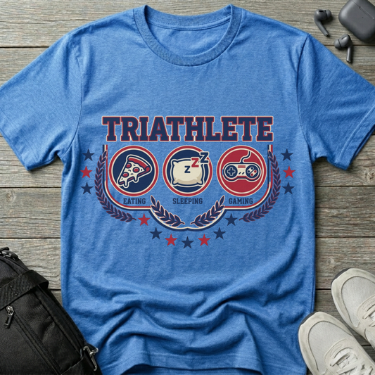 Triathlete T-Shirt — 'Eating, Sleeping, Gaming'