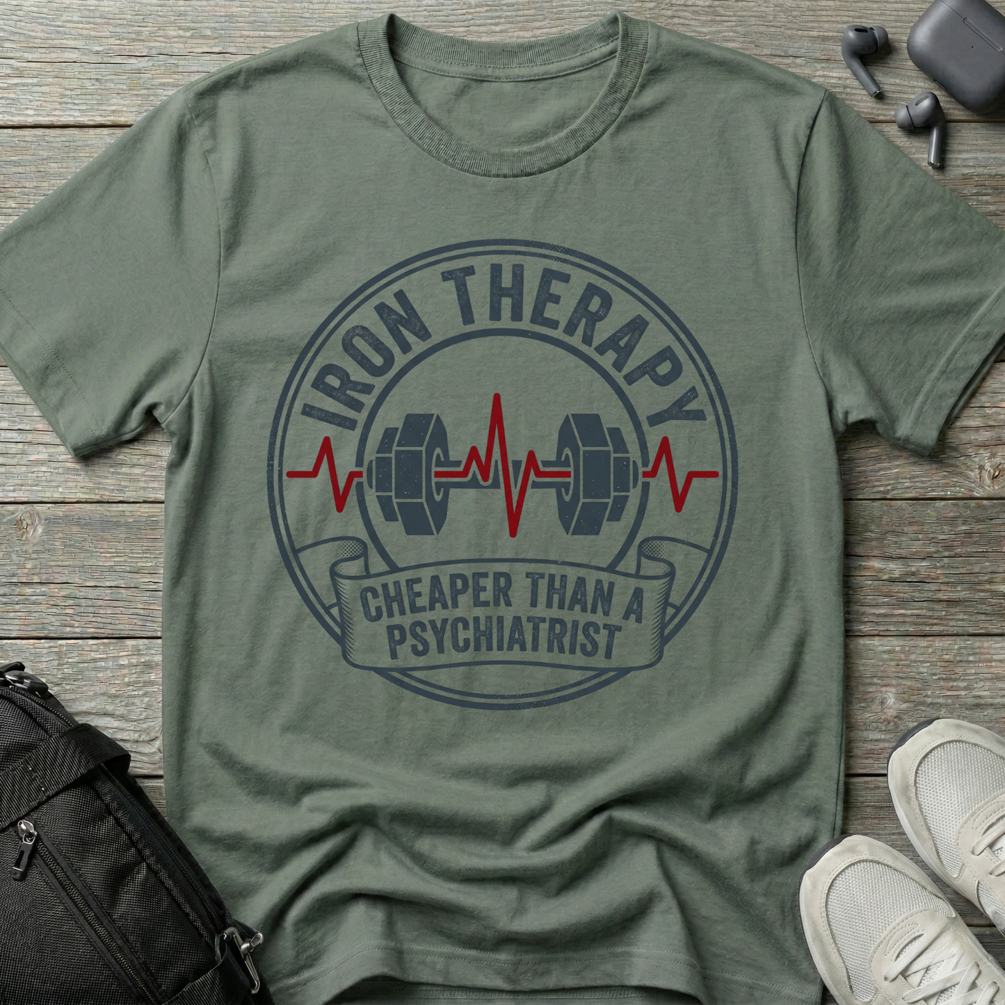 Iron Therapy T-Shirt — “Cheaper Than a Psychiatrist” Gym Tee