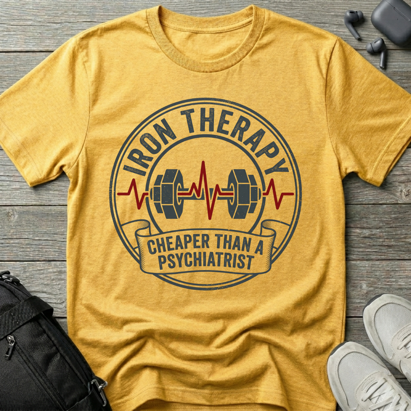 Iron Therapy T-Shirt — “Cheaper Than a Psychiatrist” Gym Tee